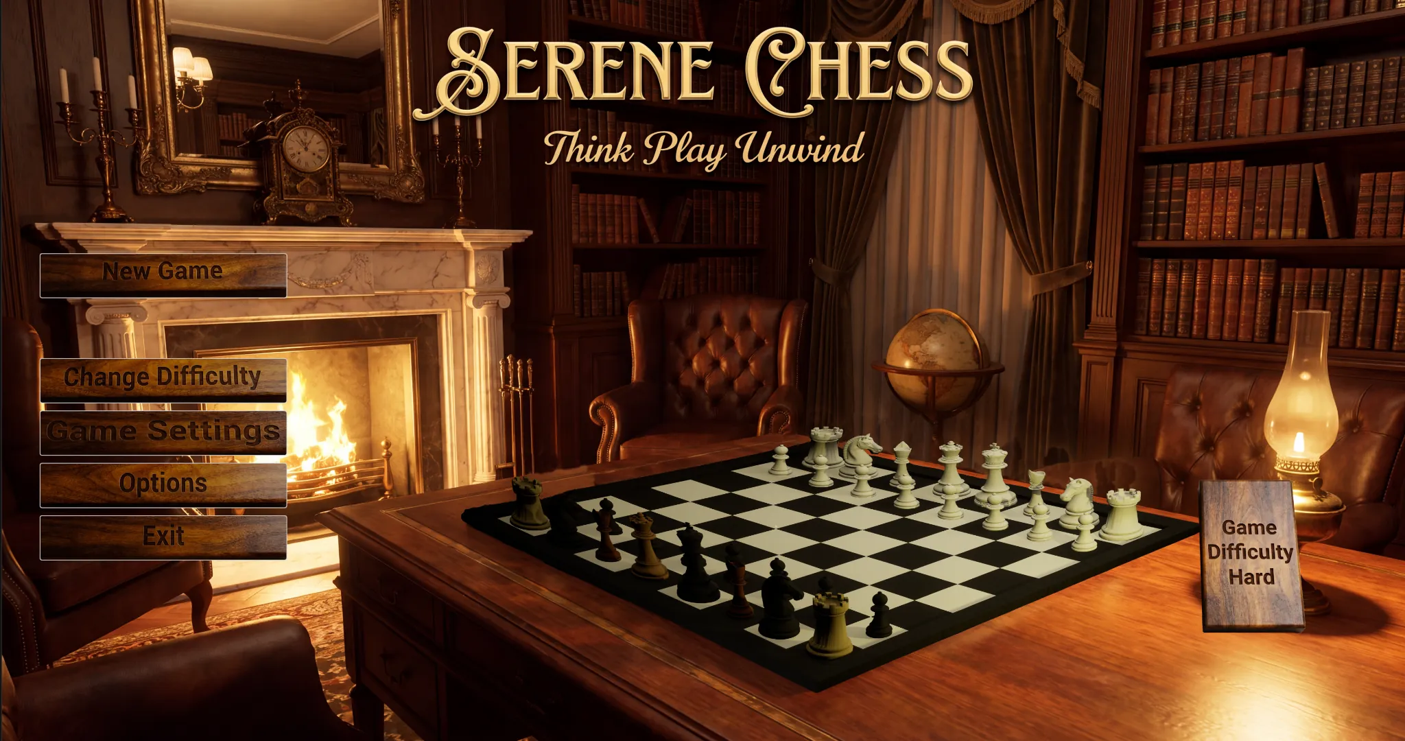 Serene Chess game settings screen with player color and board style options