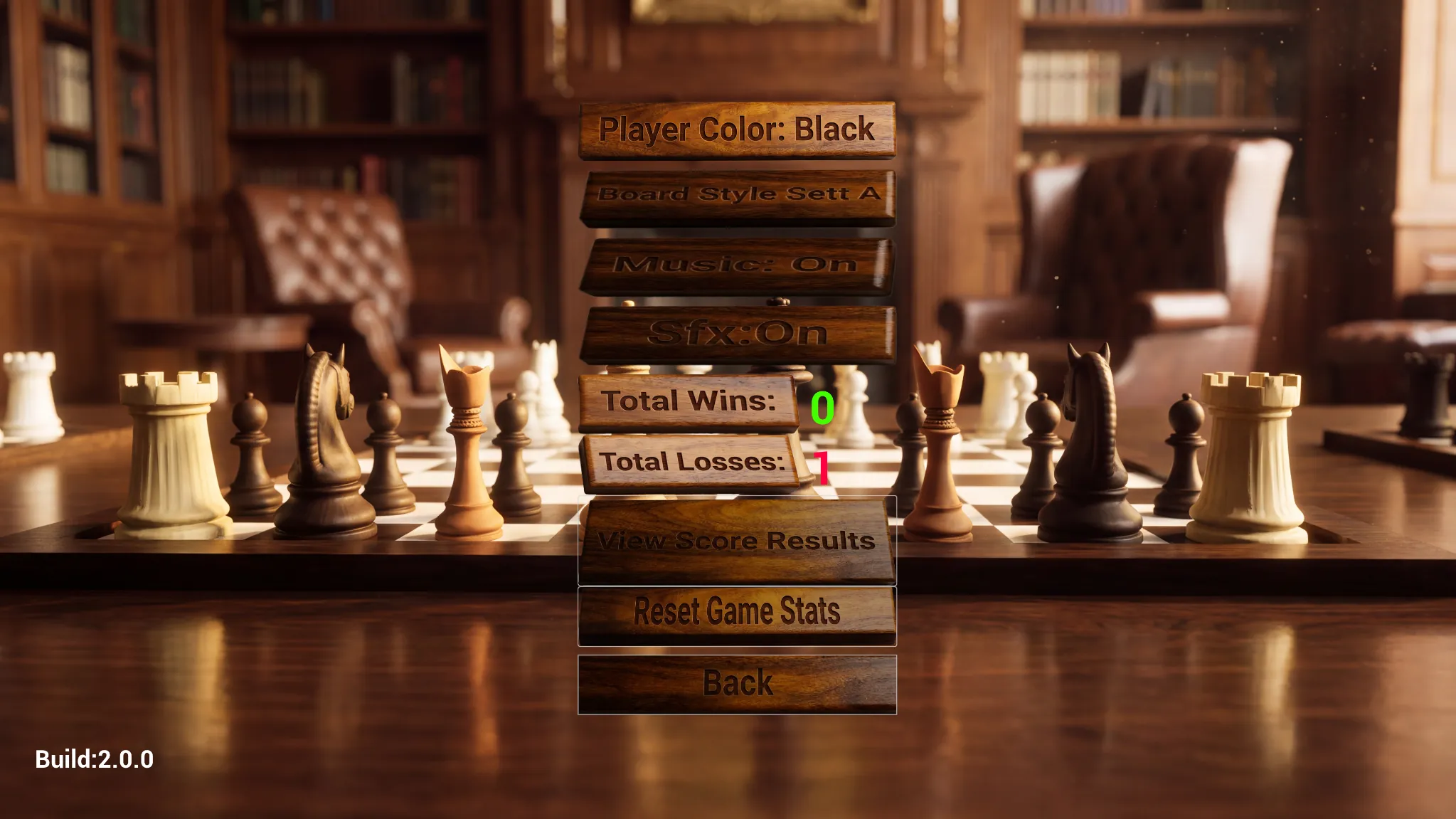Serene Chess main menu with chessboard and room presentation