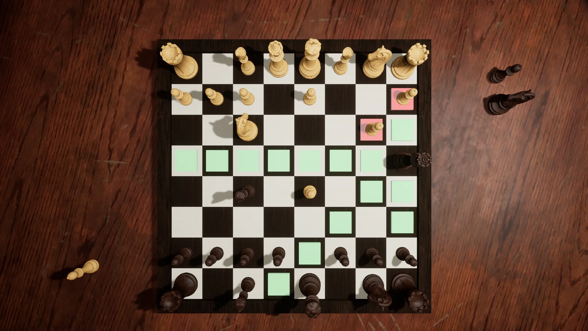 Serene Chess gameplay with highlighted moves and captured pieces