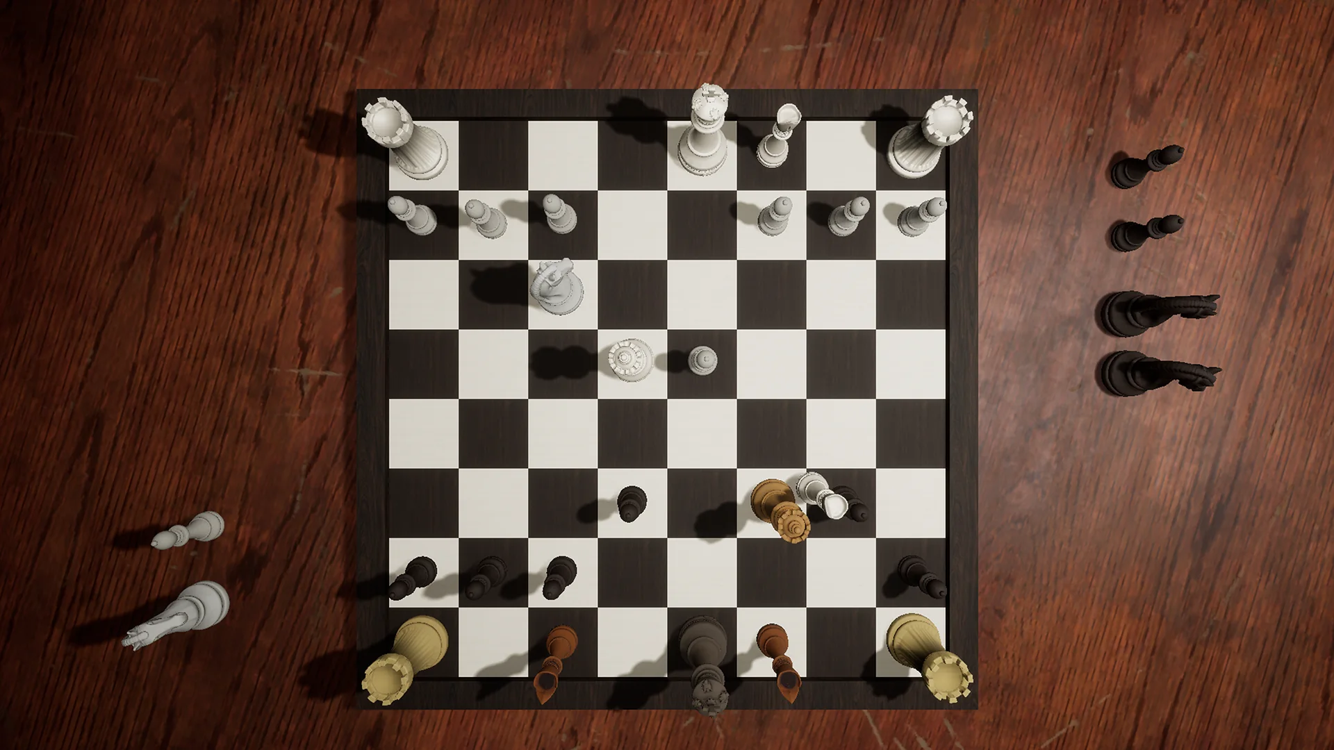 Serene Chess mid-game gameplay with captured pieces around the board