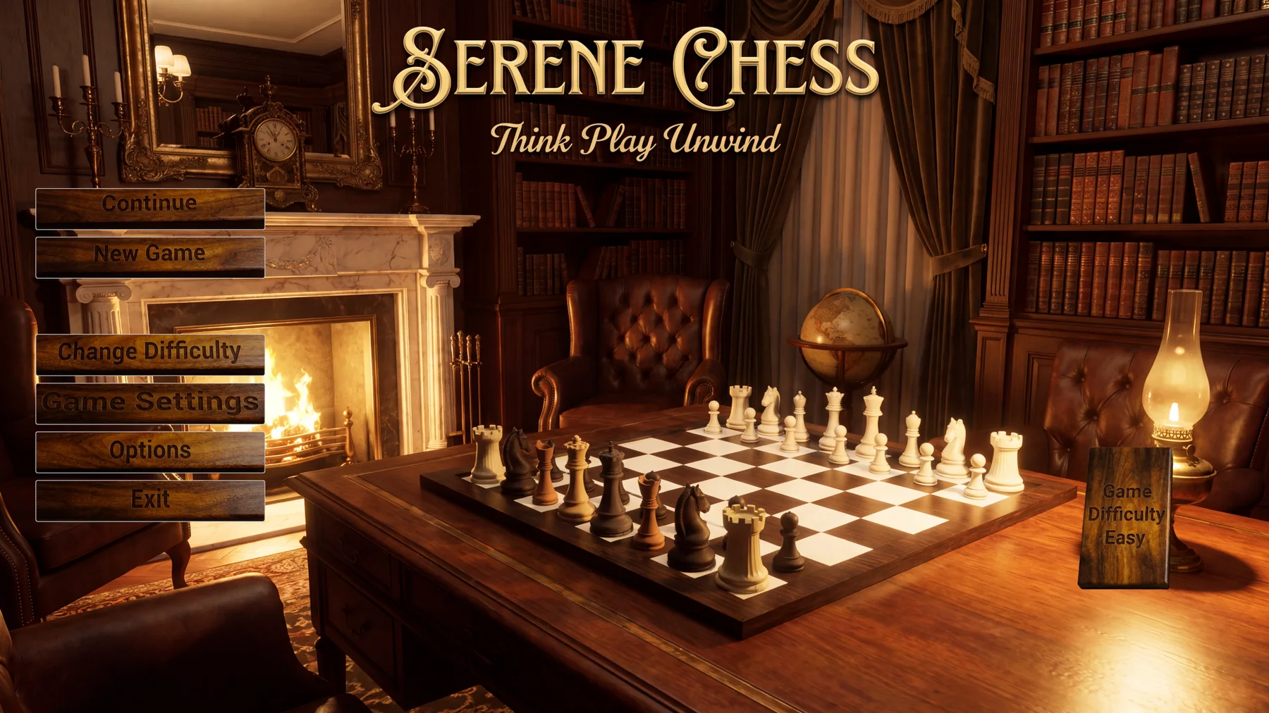 Serene Chess in-game main menu with the chess table and room presentation