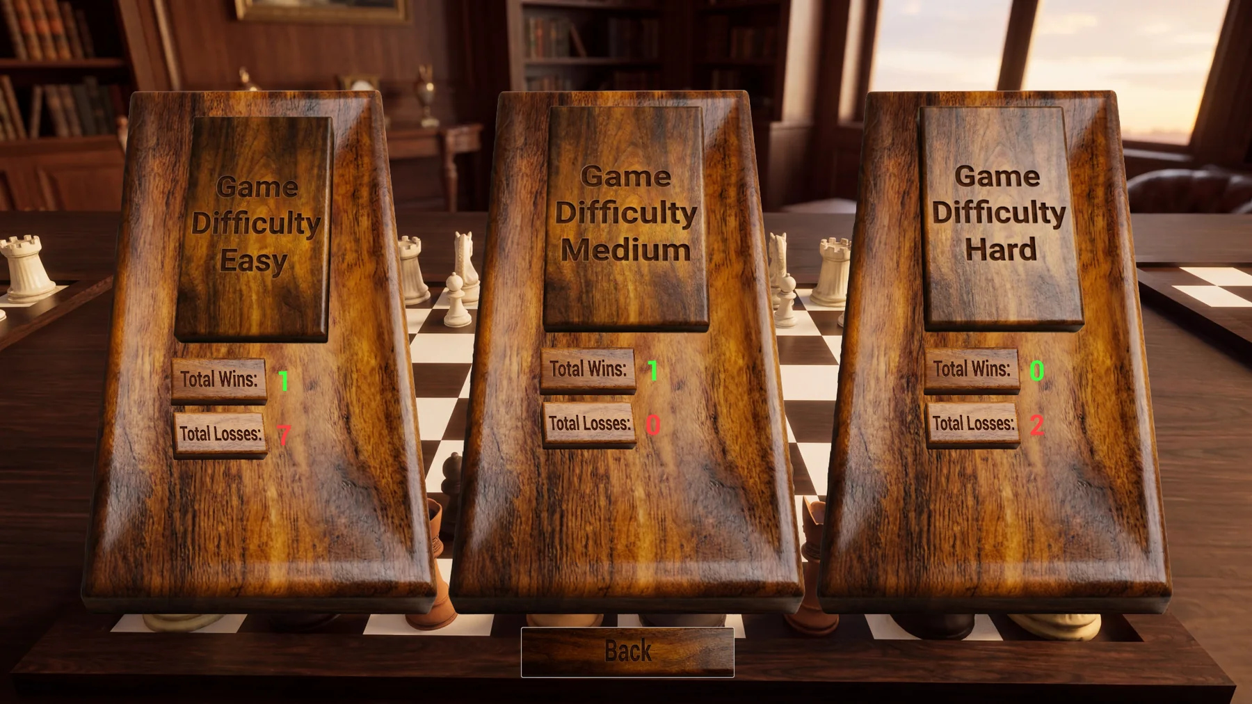 Serene Chess per-difficulty wins and losses statistics screen
