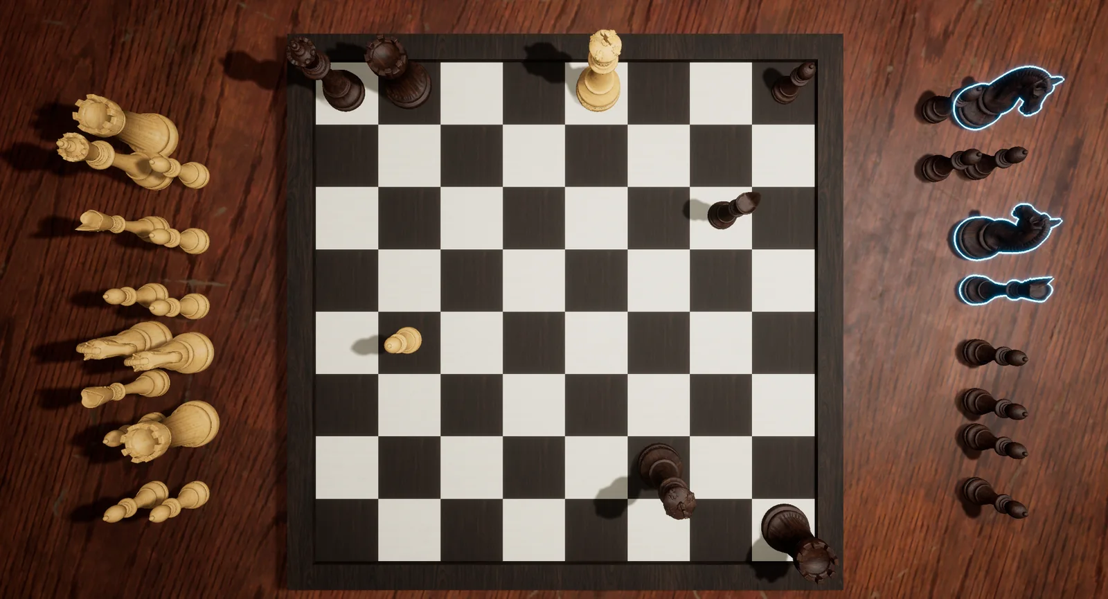 Serene Chess pawn promotion example with captured pieces beside the board